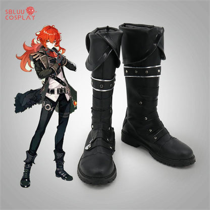 Genshin Impact Diluc Cosplay Shoes Custom Made Black Boots - SBluuCosplay